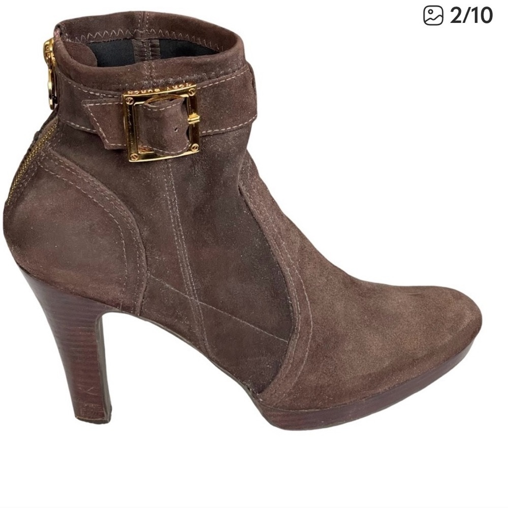 Tory Burch Melrose Chocolate Suede Heel Ankle Boots W/Gold Buckle Size 11